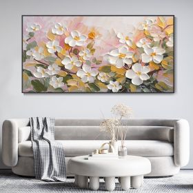 Hand Painted Oil Painting White Cherry Blossom Landscape Art 3D Floral Original Canvas Oil Painting Modern Green Plants Textured Wall Art Spring Decor