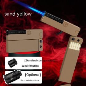 Folding Cigarette Case Windproof Lighter Personalized Gun-type Inflatable Blue Flame Lighter (Option: Khaki No Pattern-Standard)