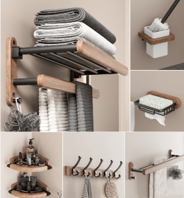 Solid Wood Towel Rack Perforation-free Bathroom Shelving (Option: Upgraded six piece set)