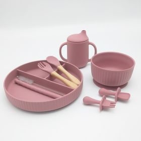 Striped Suction Dining Plate Bowl Spoon Fork Water Cup Set (Option: Rose Red)