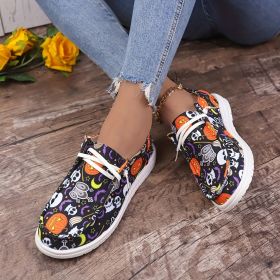 Women's Halloween Horror Style Pumpkins & Ghost & Bat Pattern Skateboard Shoes, Non-slip Flat Shoes With Soft Bottom, Lightweight Lace Up Outdoor Shoe (Color: Black, size: 7)