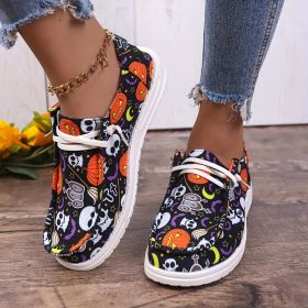 Women's Halloween Horror Style Pumpkins & Ghost & Bat Pattern Skateboard Shoes, Non-slip Flat Shoes With Soft Bottom, Lightweight Lace Up Outdoor Shoe (Color: Black, size: 7.5)